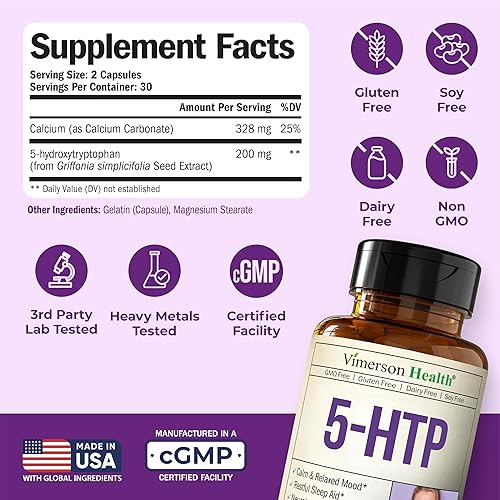 VIMERSON HEALTH 5-HTP 200MG SEROTONIN SUPPLEMENT FOR SLEEP, MOOD STRESS SUPPORT 60 CAPSULES, MADE IN USA