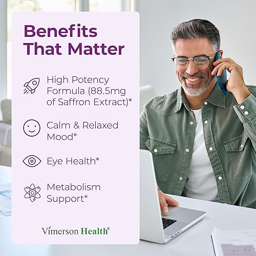 VIMERSON HEALTH SAFFRON SUPPLEMENTS 88.5MG FOR MOOD EYE HEALTH VEGAN CAPSULES FOR WOMEN MEN, 60 COUNT