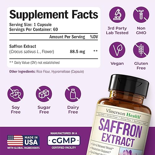 VIMERSON HEALTH SAFFRON SUPPLEMENTS 88.5MG FOR MOOD EYE HEALTH VEGAN CAPSULES FOR WOMEN MEN, 60 COUNT
