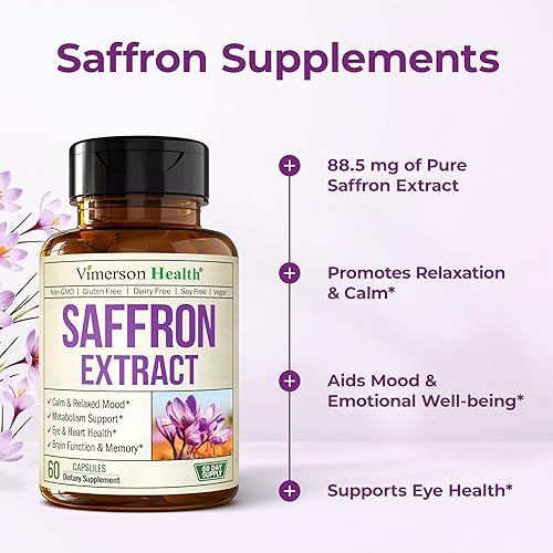 VIMERSON HEALTH SAFFRON SUPPLEMENTS 88.5MG FOR MOOD EYE HEALTH VEGAN CAPSULES FOR WOMEN MEN, 60 COUNT