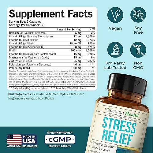 VIMERSON HEALTH STRESS RELIEF SUPPLEMENT 5-HTP, ASHWAGANDHA, GABA, B-VITAMINS CALM, MOOD SLEEP SUPPORT, 60 VEG CAPS