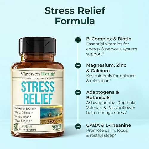 VIMERSON HEALTH STRESS RELIEF SUPPLEMENT 5-HTP, ASHWAGANDHA, GABA, B-VITAMINS CALM, MOOD SLEEP SUPPORT, 60 VEG CAPS