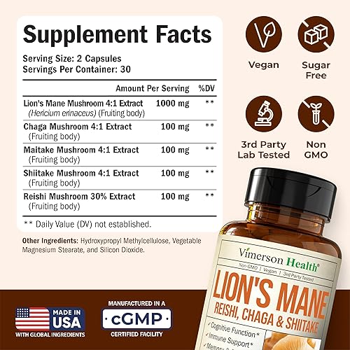VIMERSON HEALTH LION S MANE MUSHROOM CAPSULES FOCUS, ENERGY IMMUNE SUPPORT WITH TURKEY TAIL SHIITAKE, 60 VEGAN