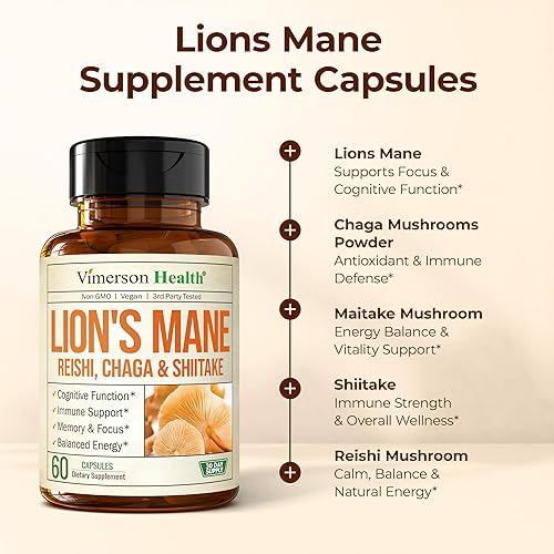 VIMERSON HEALTH LION S MANE MUSHROOM CAPSULES FOCUS, ENERGY IMMUNE SUPPORT WITH TURKEY TAIL SHIITAKE, 60 VEGAN