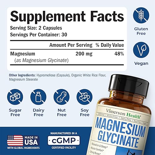 VIMERSON HEALTH MAGNESIUM GLYCINATE 200MG CHELATED, HIGH ABSORPTION SUPPLEMENT FOR SLEEP, RELAXATION, WOMEN 60 VEGAN