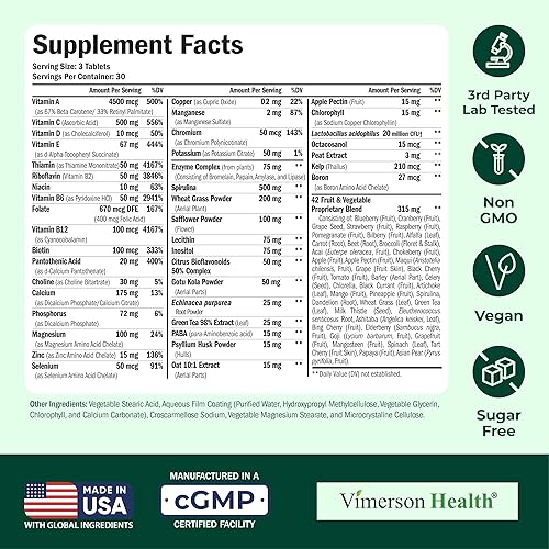 VIMERSON HEALTH VEGAN MULTIVITAMIN TABLETS FOR WOMEN MEN 23 ESSENTIAL VITAMINS MINERALS FOR WELLNESS, 90 CT