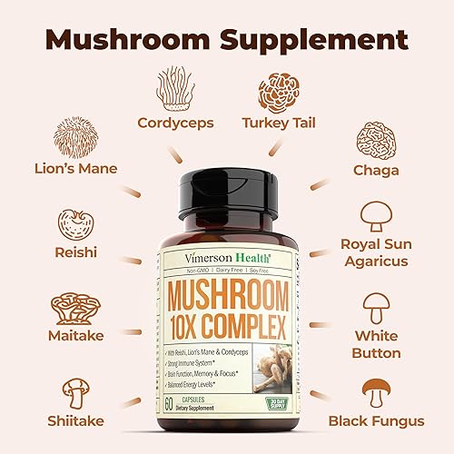 VIMERSON HEALTH 10-IN-1 MUSHROOM SUPPLEMENT LION S MANE, TURKEY TAIL, REISHI, CHAGA MORE FOR ENERGY FOCUS