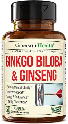 VIMERSON HEALTH ASIAN GINSENG GINKGO BILOBA CAPSULES NOOTROPIC BRAIN, MEMORY ENERGY SUPPLEMENT 60 COUNT