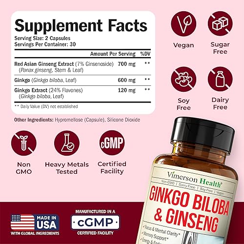 VIMERSON HEALTH ASIAN GINSENG GINKGO BILOBA CAPSULES NOOTROPIC BRAIN, MEMORY ENERGY SUPPLEMENT 60 COUNT