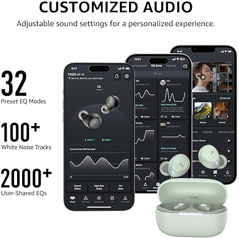 TOZO A1 WIRELESS EARBUDS BLUETOOTH 5.3, IPX5 WATERPROOF, 32 EQ, AI CALLS, CHARGING CASE