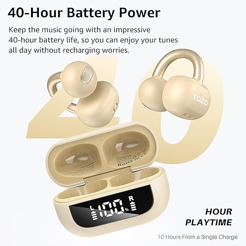 TOZO OPENEARRING OPEN-EAR WIRELESS EARBUDS, 40H PLAY, BLUETOOTH 5.4, CLIP-ON SPORTS HEADPHONES, KHAK