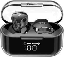 TOZO T18 WIRELESS EARBUDS BLUETOOTH 5.3, IPX8 WATERPROOF, 4 MICS, LED CASE, 32 EQ, DEEP BASS