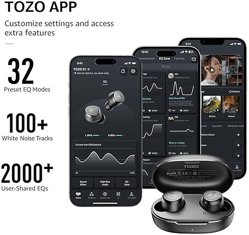 TOZO WIRELESS EARBUDS BLUETOOTH 5.3, WATERPROOF, 30H PLAYTIME, BUILT-IN MIC, 32 EQ, STEREO SOUND