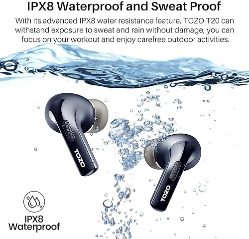 TOZO T20 WIRELESS EARBUDS BLUETOOTH HEADPHONES, 48.5H PLAYTIME, IPX8, NOISE CANCELLING, LED DISPLAY