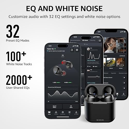 TOZO T6 WIRELESS EARBUDS, BLUETOOTH 5.3, 50H PLAYTIME, IPX8, WIRELESS CHARGING, CLEAR CALLS