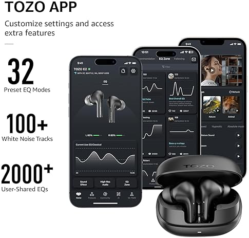 TOZO E2 WIRELESS EARBUDS, BLUETOOTH 5.3, 10MM BASS, 32 EQ, AI NOISE CANCEL, 30H PLAYTIME, 2 MICS