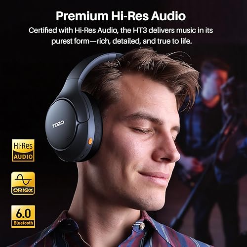 TOZO HT3 WIRELESS BLUETOOTH HEADPHONES, HYBRID NOISE CANCELLING, 90H PLAYTIME, 32 EQ, 5 MICS