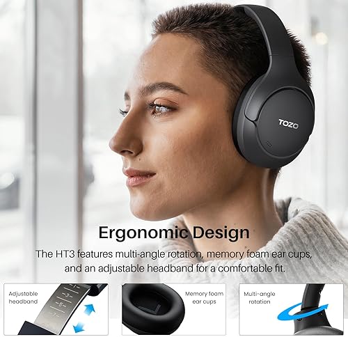 TOZO HT3 WIRELESS BLUETOOTH HEADPHONES, HYBRID NOISE CANCELLING, 90H PLAYTIME, 32 EQ, 5 MICS
