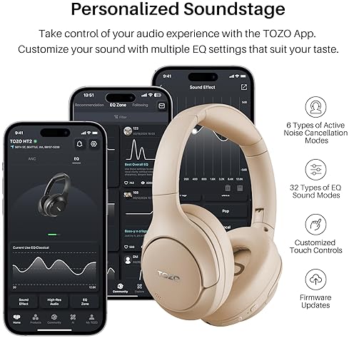 TOZO HT2 WIRELESS BLUETOOTH HEADPHONES, HYBRID ANC, 60H PLAYTIME, HI-RES AUDIO, KHAKI