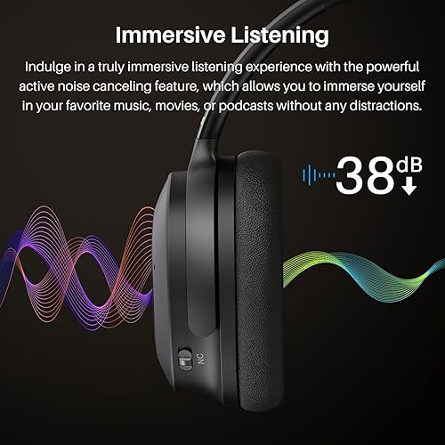 TOZO HYBRID ANC WIRELESS HEADPHONES, BLUETOOTH OVER-EAR HEADSET, 40H, HI-RES AUDIO, DEEP BASS, BLACK