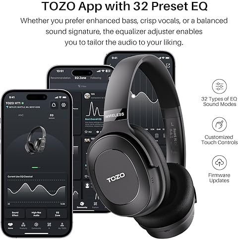 TOZO HYBRID ANC WIRELESS HEADPHONES, BLUETOOTH OVER-EAR HEADSET, 40H, HI-RES AUDIO, DEEP BASS, BLACK