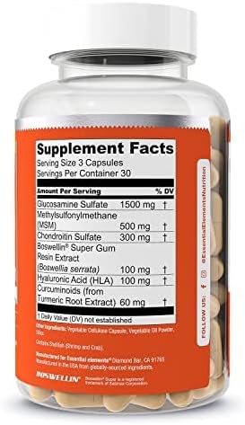 ESSENTIAL ELEMENTS  GLUCOSAMINE CHONDROITIN MSM BOSWELLIA HYALURONIC ACID JOINT SUPPORT SUPPLEMENT 90 CAPSULES