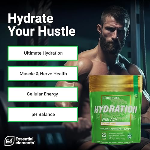 ESSENTIAL ELEMENTS SUGAR FREE ELECTROLYTE POWDER, YUZU LIME, 25 HYDRATION PACKETS WITH ACV VITAMIN C