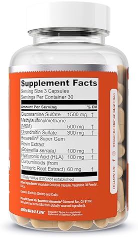 ESSENTIAL ELEMENTS  GLUCOSAMINE CHONDROITIN MSM BOSWELLIA HYALURONIC ACID JOINT SUPPORT SUPPLEMENT 180 CAPS, 2-PACK