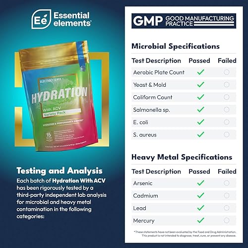 ESSENTIAL ELEMENTS SUGAR-FREE ELECTROLYTE POWDER VARIETY PACK, 15 HYDRATION STICKS WITH ACV VITAMIN