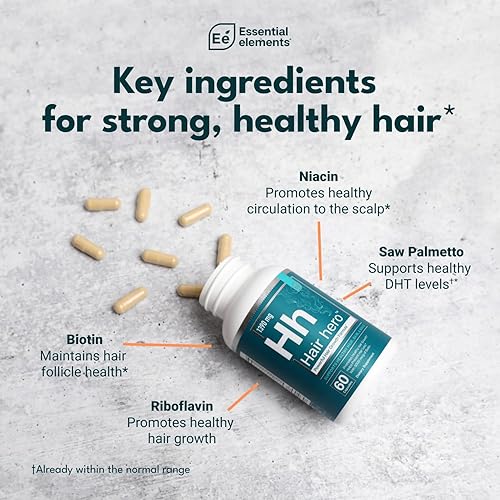 ESSENTIAL ELEMENTS HAIR HERO HAIR VITAMINS FOR MEN 5000 MCG BIOTIN, 60 CAPSULES, 30 SERVINGS