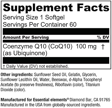 ESSENTIAL ELEMENTS COQ10 100MG SOFTGELS HEART, BRAIN VASCULAR SUPPORT SUPPLEMENT, 60 COUNT