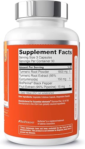 ESSENTIAL ELEMENTS TURMERIC CURCUMIN 1950MG WITH BIOPERINE, JOINT HEART SUPPORT, 90 CAPSULES