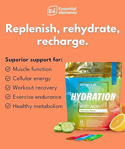 ESSENTIAL ELEMENTS SUGAR-FREE ELECTROLYTE POWDER VARIETY PACK 15 HYDRATION PACKETS WITH ACV VITAMIN