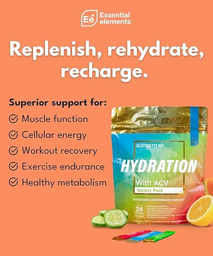 ESSENTIAL ELEMENTS HYDRATION PACKETS VARIETY SUGAR-FREE ELECTROLYTE POWDER WITH ACV VITAMIN C, 48CT