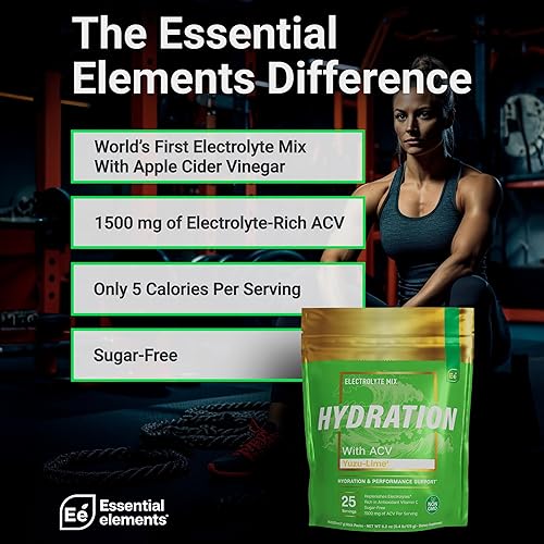 ESSENTIAL ELEMENTS  SUGAR-FREE ELECTROLYTE POWDER PACKETS YUZU LIME, 25 HYDRATION STICKS WITH ACV VITAMIN C