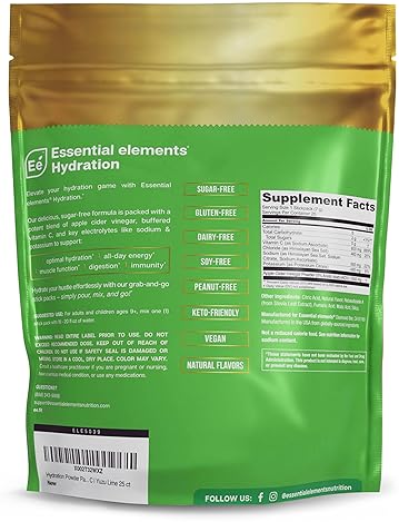 ESSENTIAL ELEMENTS  SUGAR-FREE ELECTROLYTE POWDER PACKETS YUZU LIME, 25 HYDRATION STICKS WITH ACV VITAMIN C