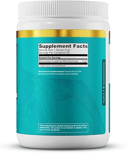 ESSENTIAL ELEMENTS  MICRONIZED CREATINE MONOHYDRATE POWDER UNFLAVORED, 2 PACK 60 SERVINGS FOR MEN WOMEN