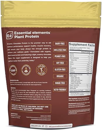 ESSENTIAL ELEMENTS ORGANIC PLANT-BASED PROTEIN POWDER - CREAMY CHOCOLATE, VEGAN, KETO, SUGAR-FREE, 40 SERVINGS