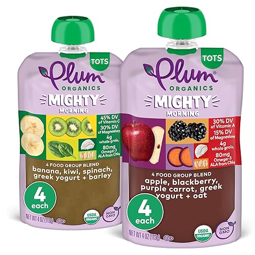 PLUM ORGANICS MIGHTY MORNING TODDLER FOOD, FRUIT VEGGIE POUCHES, 12 MONTHS, 4OZ, 8 PACK
