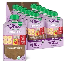 PLUM ORGANICS MIGHTY BUILDER ORGANIC TODDLER FOOD POUCH, BANANA STRAWBERRY, 4OZ, 12 PACK