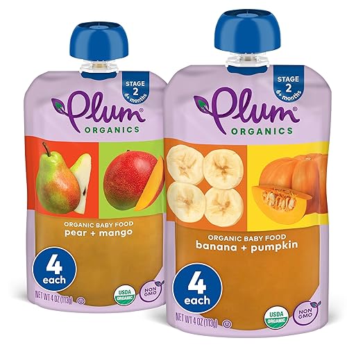 PLUM ORGANICS BABY FOOD POUCHES VARIETY PACK, 6 MONTHS, PEAR, MANGO, BANANA, PUMPKIN, 8X4OZ