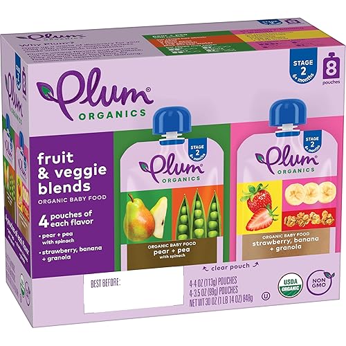 PLUM ORGANICS BABY FOOD VARIETY PACK, 8 COUNT ORGANIC FRUIT VEGGIE POUCHES, 6 MONTHS, 4OZ