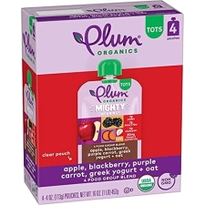 PLUM ORGANICS MIGHTY MORNING TODDLER FOOD POUCH, APPLE BLACKBERRY CARROT YOGURT OAT, 4OZ, 4 PACK