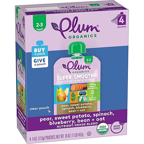 PLUM ORGANICS SUPER SMOOTHIE, ORGANIC TODDLER FOOD, PEAR, SWEET POTATO, 4OZ, PACK OF 4