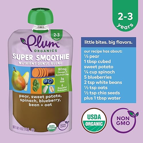 PLUM ORGANICS SUPER SMOOTHIE, ORGANIC TODDLER FOOD, PEAR, SWEET POTATO, 4OZ, PACK OF 4