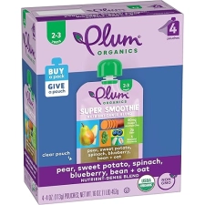 PLUM ORGANICS SUPER SMOOTHIE, ORGANIC TODDLER FOOD, PEAR, SWEET POTATO, 4OZ, PACK OF 4