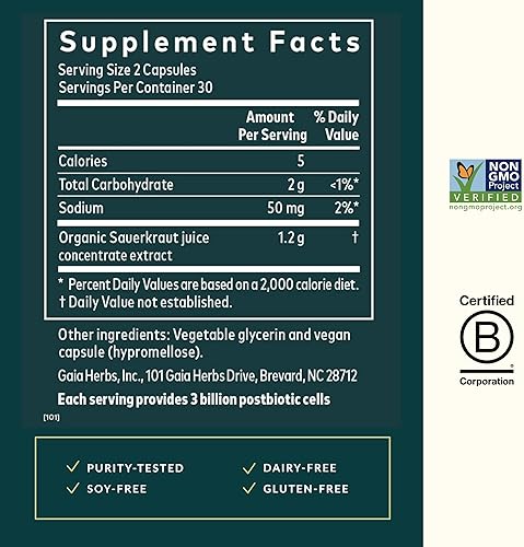 GAIA HERBS SAUERKRAUT POSTBIOTIC CAPSULES GUT IMMUNE SUPPORT, VEGAN, GLUTEN-FREE, 60 COUNT