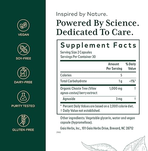 GAIA HERBS PRO VITEX PRO ORGANIC CHASTE TREE SUPPLEMENT FOR MENSTRUAL MENOPAUSE SUPPORT, 60 CAPS