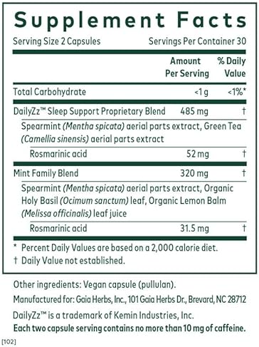 GAIA HERBS PRO SOMNI-MINT - SLEEP SUPPORT SUPPLEMENT WITH SPEARMINT, GREEN TEA LEMON BALM, 60 CAPS