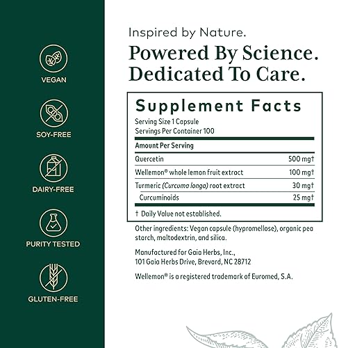 GAIA HERBS PRO QUERCETIN SYNERGY 500 IMMUNE CELL HEALTH SUPPORT, 100 CAPSULES, BROMELAIN, TURMERIC